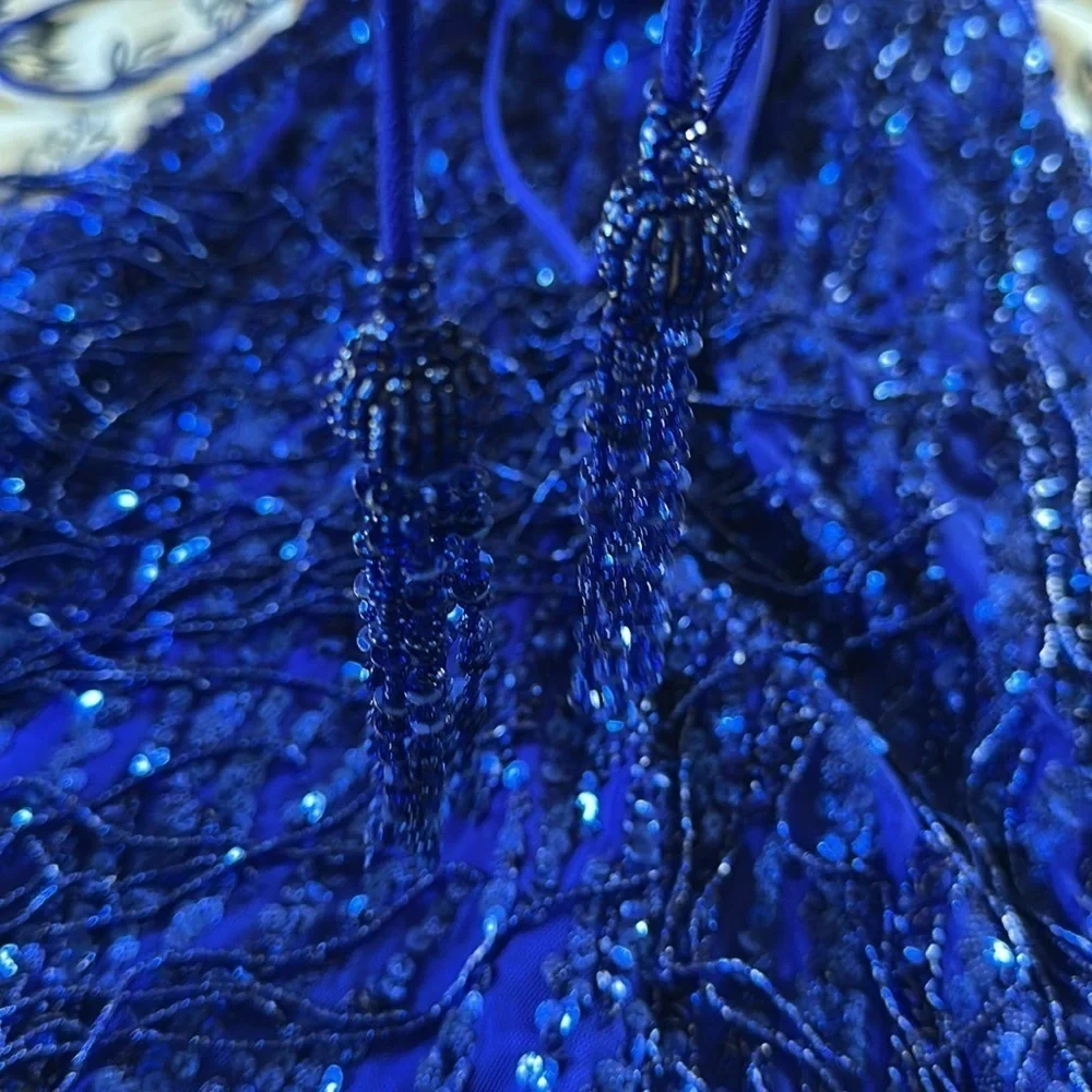 Amarra Cobalt Blue Beaded Dangles Spaghetti Strap Gown Women’s Size 2 Prom Dress - Picture 11 of 15
